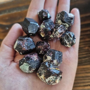 Puede incluir: Una colección de pequeños cristales de color rojo oscuro y negro con una textura rugosa y natural. Los cristales son de diversas formas y tamaños, y algunos tienen un ligero brillo.