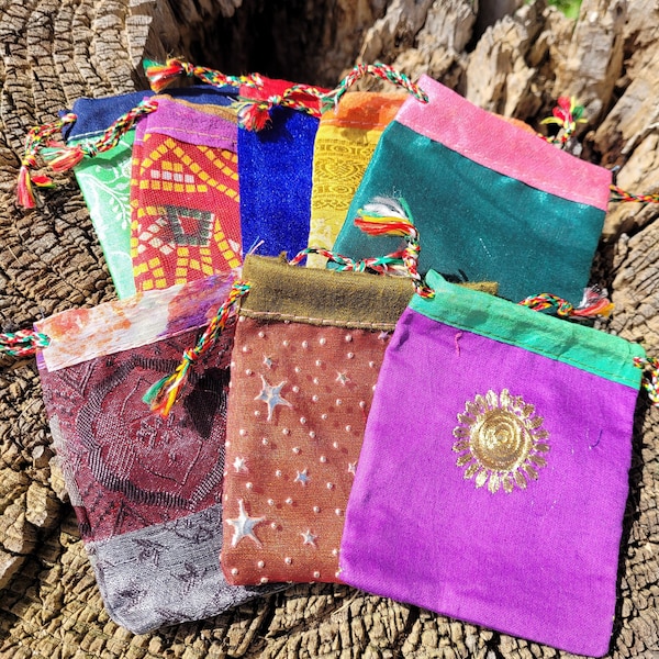 Tibetan Hand Made Drawstring Crystal Jewelry Pouch/Random Color Pattern Gift Bag/Gemstone Sachet/Medicine Bag