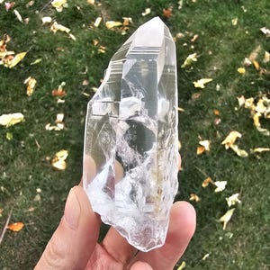 May include: A clear quartz crystal point, featuring a faceted top and a natural, rough base. The crystal is held in a hand against a backdrop of green grass and fallen leaves. The quartz is transparent, allowing light to pass through.