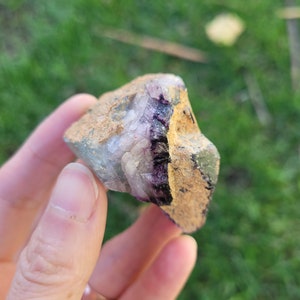 May include: A raw mineral specimen featuring a combination of translucent white crystalline structures and a deep purple band, encased within a rough, textured tan and brown rocky matrix with visible earthy deposits on the exterior surface.