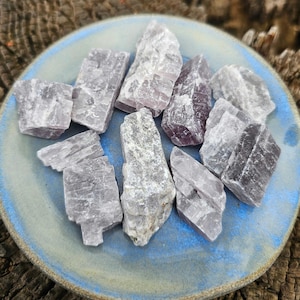 May include: A collection of eight raw, grey and purple lepidolite crystals on a blue plate. The crystals are rough and have a natural, unpolished look.