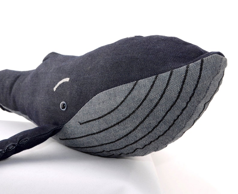 Hermey the Humpback whale made from upcycled denim jeans.