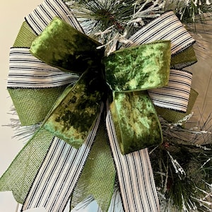 Darling Green Handmade Bow - 12 Loop - Apple Green Crushed Velvet - Black Ticking - Lantern / Wreath Bow - Holiday / Christmas Darling