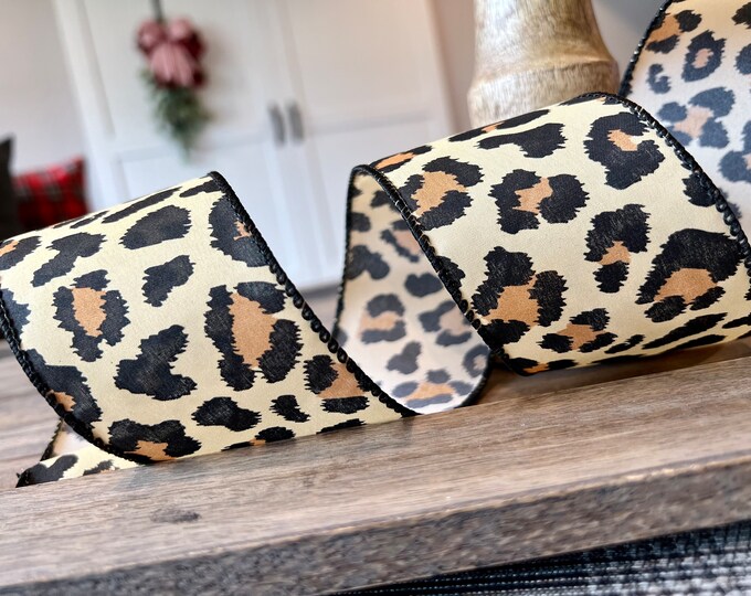 8 Yards Leopard Wired Christmas Ribbon - Black and Light Gold Leopard ...