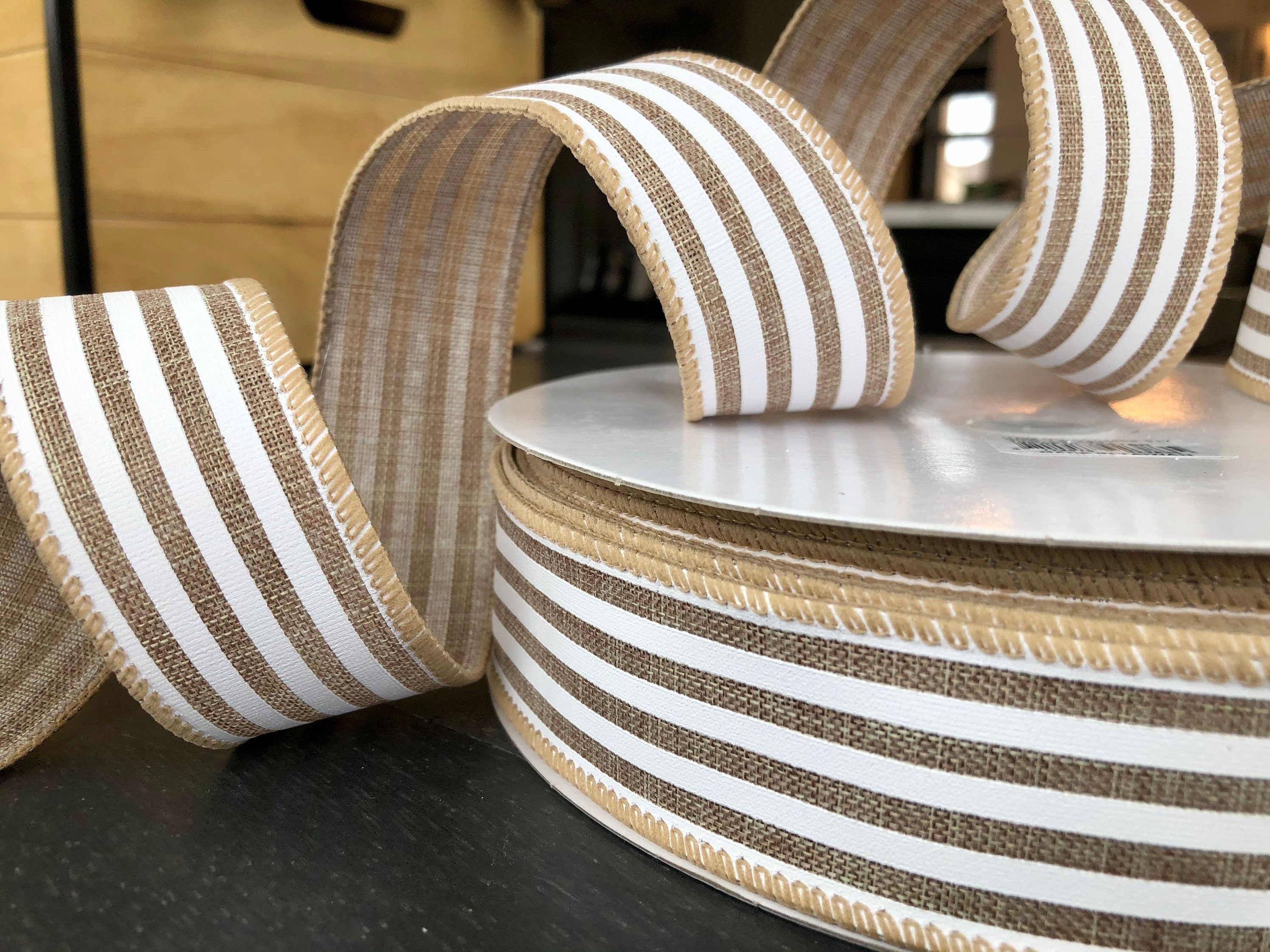 Tan Striped Ribbon Cabana Striped Ribbon: Tan and White - 1.5