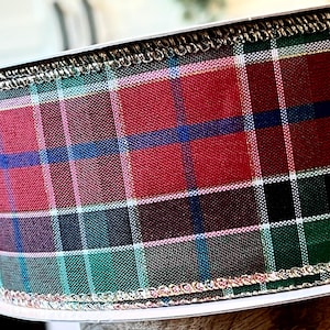 10 Yards Tartan Plaid Ribbon - Red Blue Green White Tartan Plaid w/ Metallic Threads- 2 1/2” Wide x 10 Yards - Pristine
