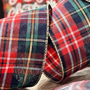 50 Yards Tartan Plaid Ribbon - Red Blue Green White Tartan Plaid w/ Metallic Threads- 2 1/2” Wide x 50 Yards - Pristine