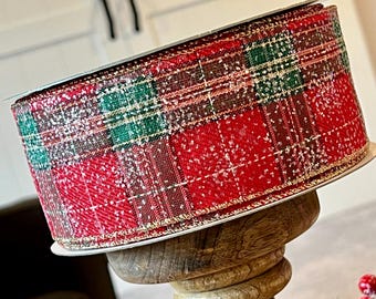 Red and Green Tartan Plaid Ribbon w/ Crystalline Snow - 2.5” Wide x 10 Yards Long - M26