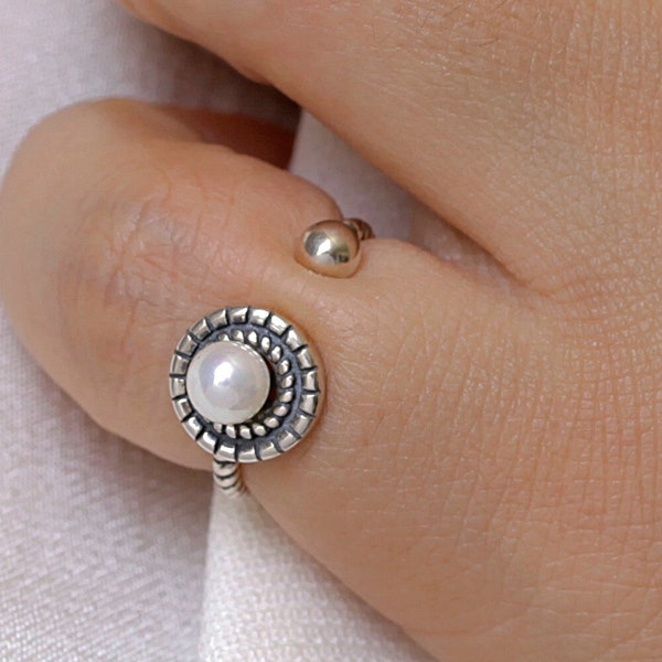 925 Sterling Silver Ring,  Bohemian Style Ring, Oxidize Pearl Ring, Adjustable Vintage Pearl Ring, Silver Adjustable Ring, Silver Ring