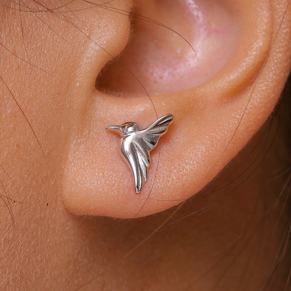 925 Sterling Silver Hummingbird Stud Earrings, Origami Bird Studs, Bird Earring Studs, Silver Bird Earring Studs, Dainty Bird Stud Earrings