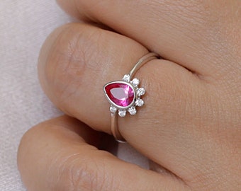 925 Sterling Silver Created Ruby Adjustable Ring, Half Halo CZ Ring, Ruby CZ Ring, Everyday Ring, BIrthstone Jewelry, Color Stone Cz Ring