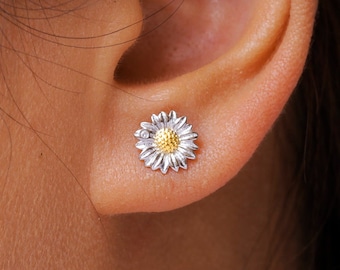 925 Sterling Silver Sunflower Studs Earring, Sunflower CZ Studs, Flower Studs, Silver Daisy Flower Charm Stud Earrings, Daisy Jewelry, Studs