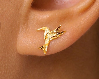 14K Gold  Hummingbird Earrings Studs, Gold Hummingbird Studs Earrings, Origami Bird Studs, Bird studs Earrings, Bird Jewelry