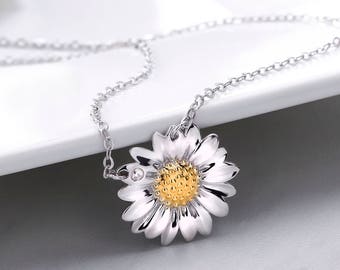 925 Sterling Silver Daisy Necklace-16"+2" Chain, Daisy Cubic Zirconia Necklace, Daisy Flower Necklace, Daisy Flower Charm Necklace