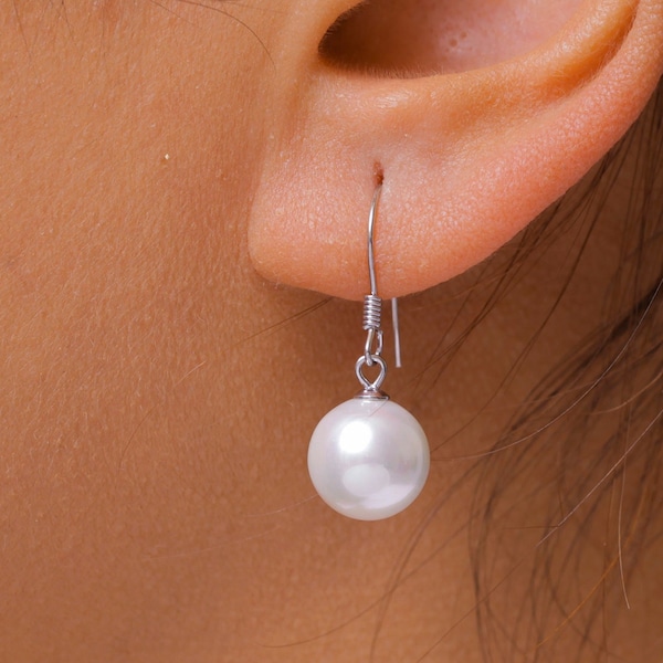 925 Sterling Silver Round Pearl Earrings, Dangle Pearl Earrings, Silver Pearl Earrings , Silver Earrings, Pearl Fish Hook Earring
