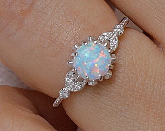 925 Sterling Silver Vintage Opal And Cz Ring, Lab Created Opal Ring, Opal Ring, Solitaire Opal Ring, CZ RIng, Fire Created Opal Ring