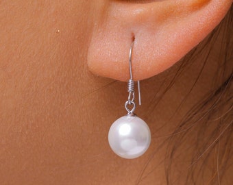 925 Sterling Silver Round Pearl Earrings, Dangle Pearl Earrings, Silver Pearl Earrings , Silver Earrings, Pearl Fish Hook Earring