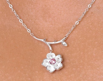 925 Sterling Silver Cherry Blossoms Necklace-16"+2" Chain, Cherry Blossoms Necklace, Flower Necklace, Cable Chain Necklace, Plant Necklace