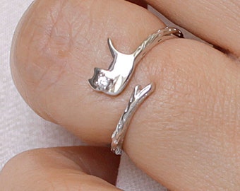 925 Sterling Silver Cat Cz Ring, Adjustable Cat Ring, Open Cat Ring, Animal Ring, Kitty Jewelry, Animal Jewelry, Silver Ring, Cz Ring