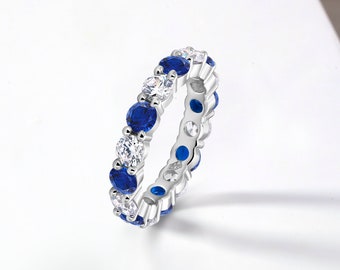 2.5mm Bezel Set Full Eternity Ring Alternating Round Simulated Blue Sapphire 925 Sterling Silver 