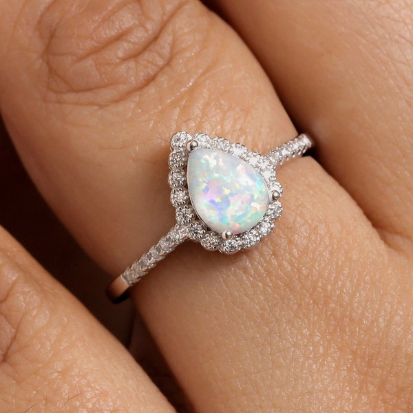 925 Sterling Silver Vintage Pear Shape Opal And Cz Ring, Lab Created Opal Ring, Opal Ring, CZ And Opal Ring, Fire Created Opal Ring