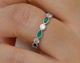 925 Sterling Silver White Simulated Sapphire And Simulated Emerald Eternity Ring, Eternity Ring, Silver Ring, Stackable Ring