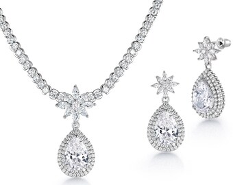 Multi Shape CZ Earrings Necklace Set - 16 Inch Length, Flower Design Necklace Set, Teardrop CZ Jewelry Set, Teardrop Brass Jewelry Set