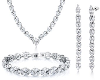 Wedding Necklace Set-17 Inch Length, Marquise Cut AAA Cubic Zirconia Rhodium Plated Necklace Set, Bracelet Earrings and Necklace Set