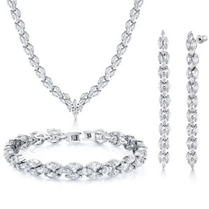 Wedding Necklace Set-17 Inch Length, Marquise Cut AAA Cubic Zirconia Rhodium Plated Necklace Set, Bracelet Earrings and Necklace Set image 1