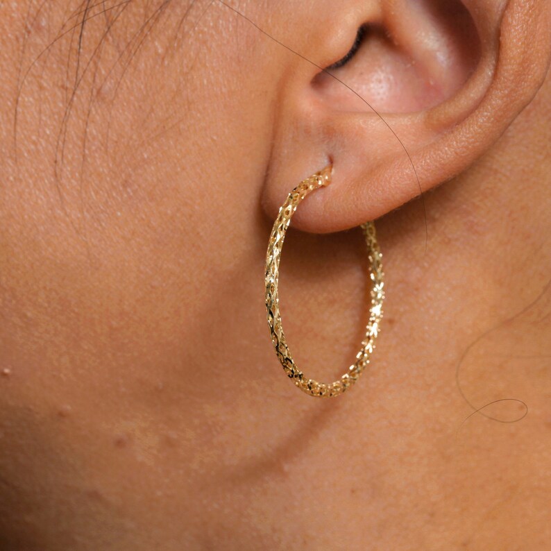 Solid 14K Yellow Gold Crystal Cut Round Hoop Earrings, Gold Hoop Earrings, Sparkle Hoop Earrings, Textured Hoop Earrings, Hinged Clasp Hoops