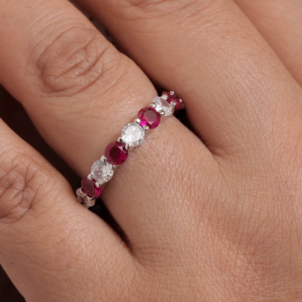 925 Sterling Sliver Eternity Band Ring, Simulated Ruby And Cz Eternity Ring, Round Cz And Simulated Ruby Ring, Wedding Band Ring