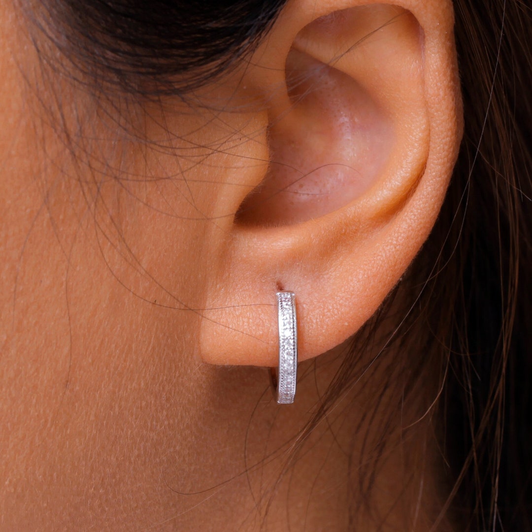 925 Sterling Silver Cz Huggies, Latch Back Earrings , Silver Huggies