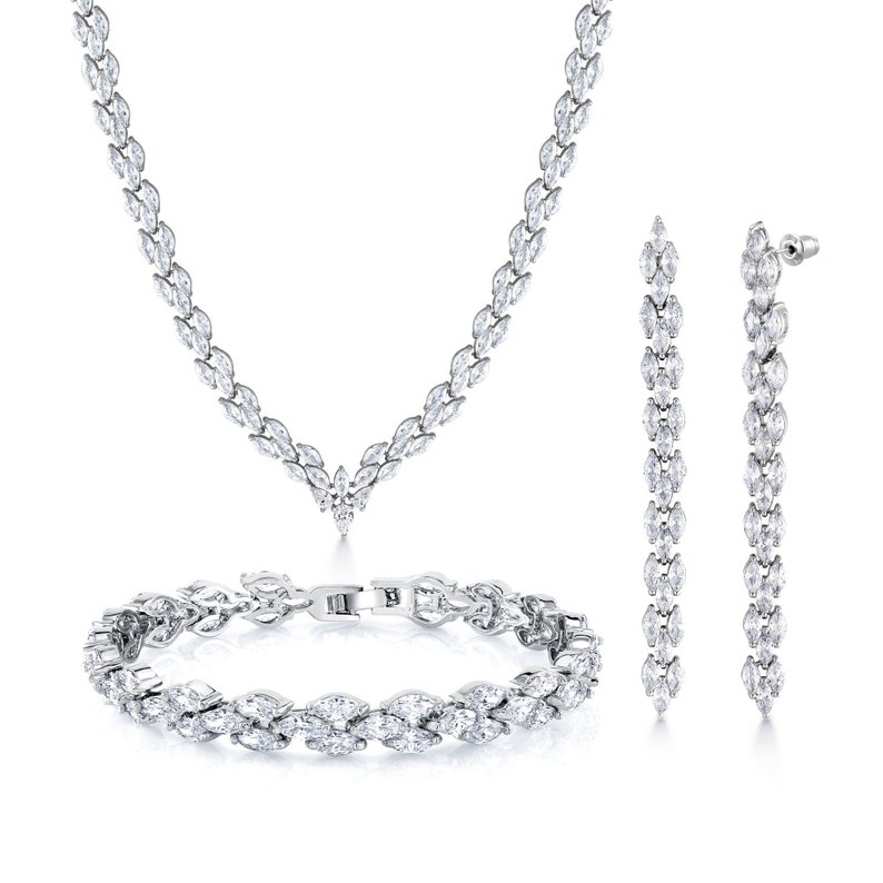 Wedding Necklace Set-17 Inch Length, Marquise Cut AAA Cubic Zirconia Rhodium Plated Necklace Set, Bracelet Earrings and Necklace Set image 1