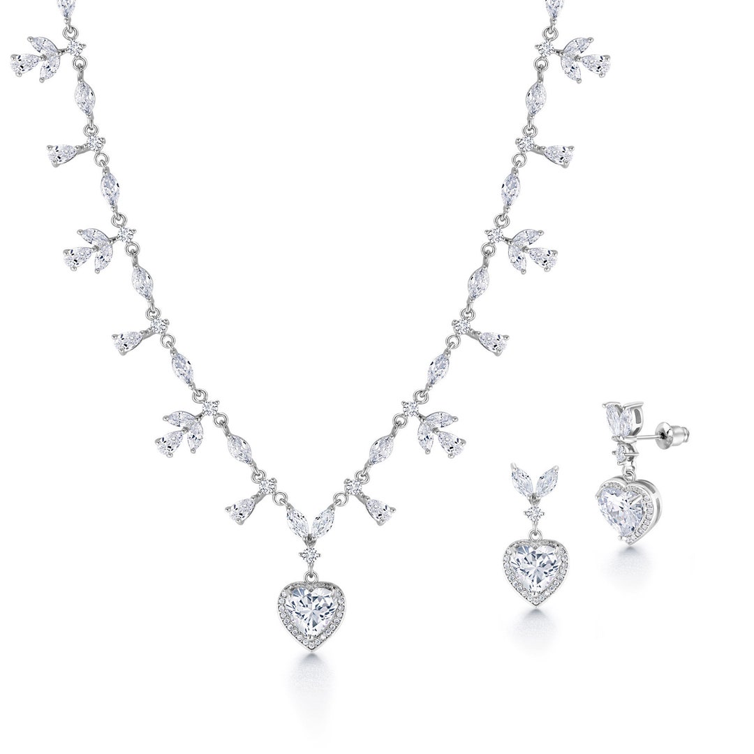 Heart Shape CZ Halo Wedding Necklace Set 18 Inch Length, Multi Shape CZ