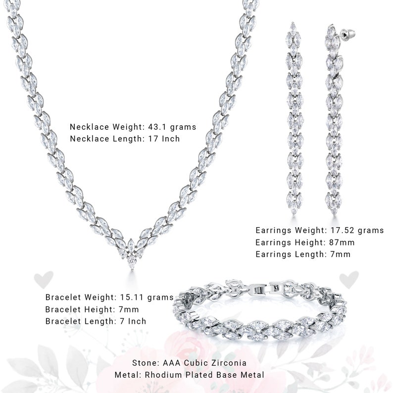 Wedding Necklace Set-17 Inch Length, Marquise Cut AAA Cubic Zirconia Rhodium Plated Necklace Set, Bracelet Earrings and Necklace Set image 5