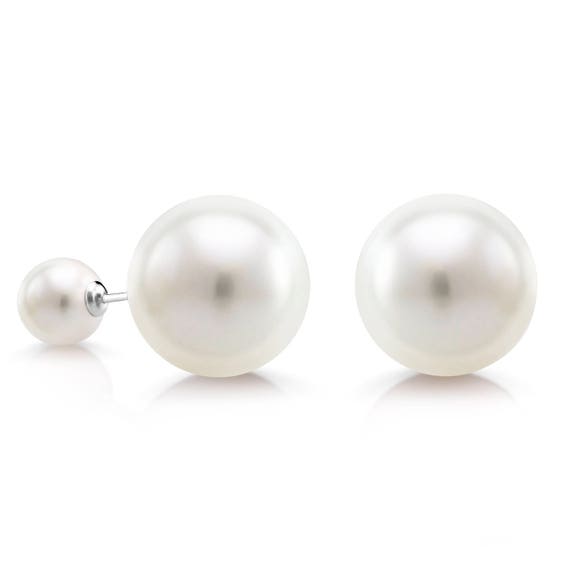 Bridal Front Back Ear White Simulated Pearls Jacket Bezel Stud Earrings For Women 925 Sterling Silver