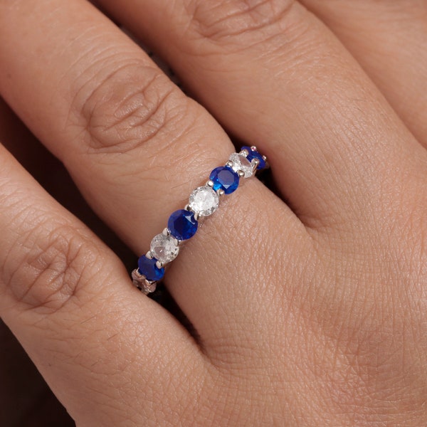 925 Sterling Sliver Eternity Band Ring, Simulated Sapphire And Cz Eternity Ring, Round Cz And Simulated Sapphire Ring, Wedding Band Ring