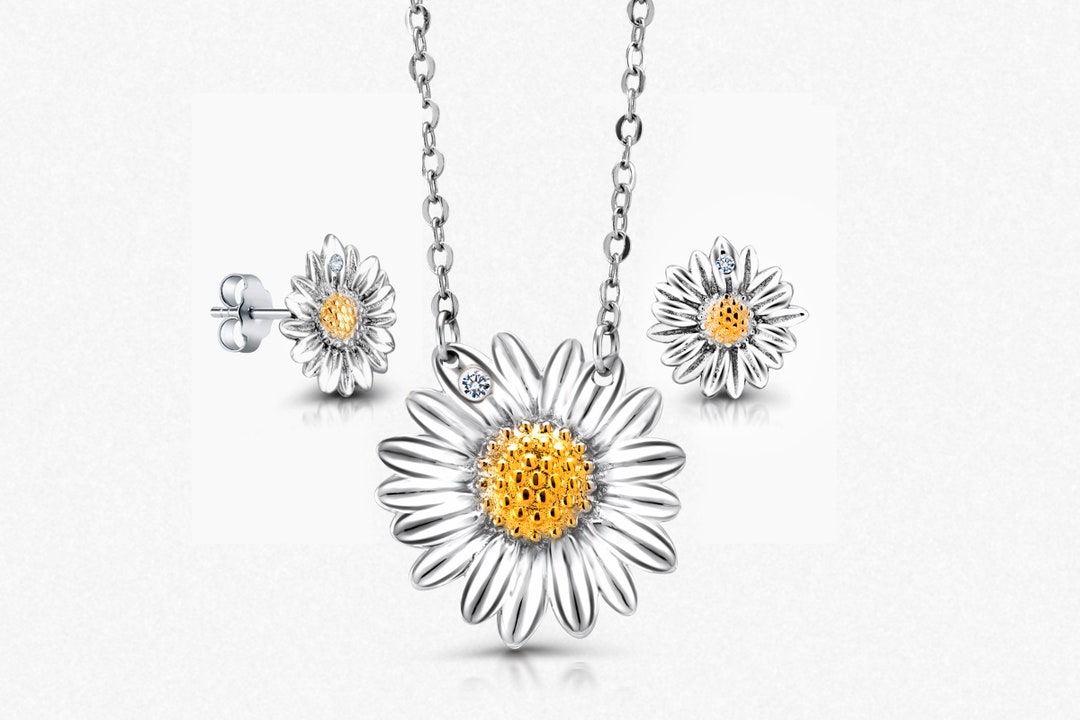 925 Sterling Silver Sunflower Earring and Necklace Set, Sunflower Cubic