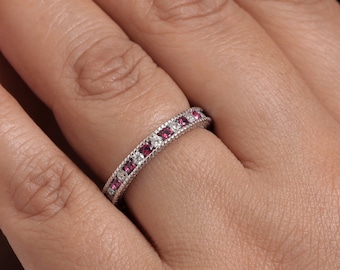 925 Sterling Silver Art Deco Full Eternity Stackable Ring, Simulated Ruby And Cz Eternity Ring, Stackable Ring, Silver Eternity Ring