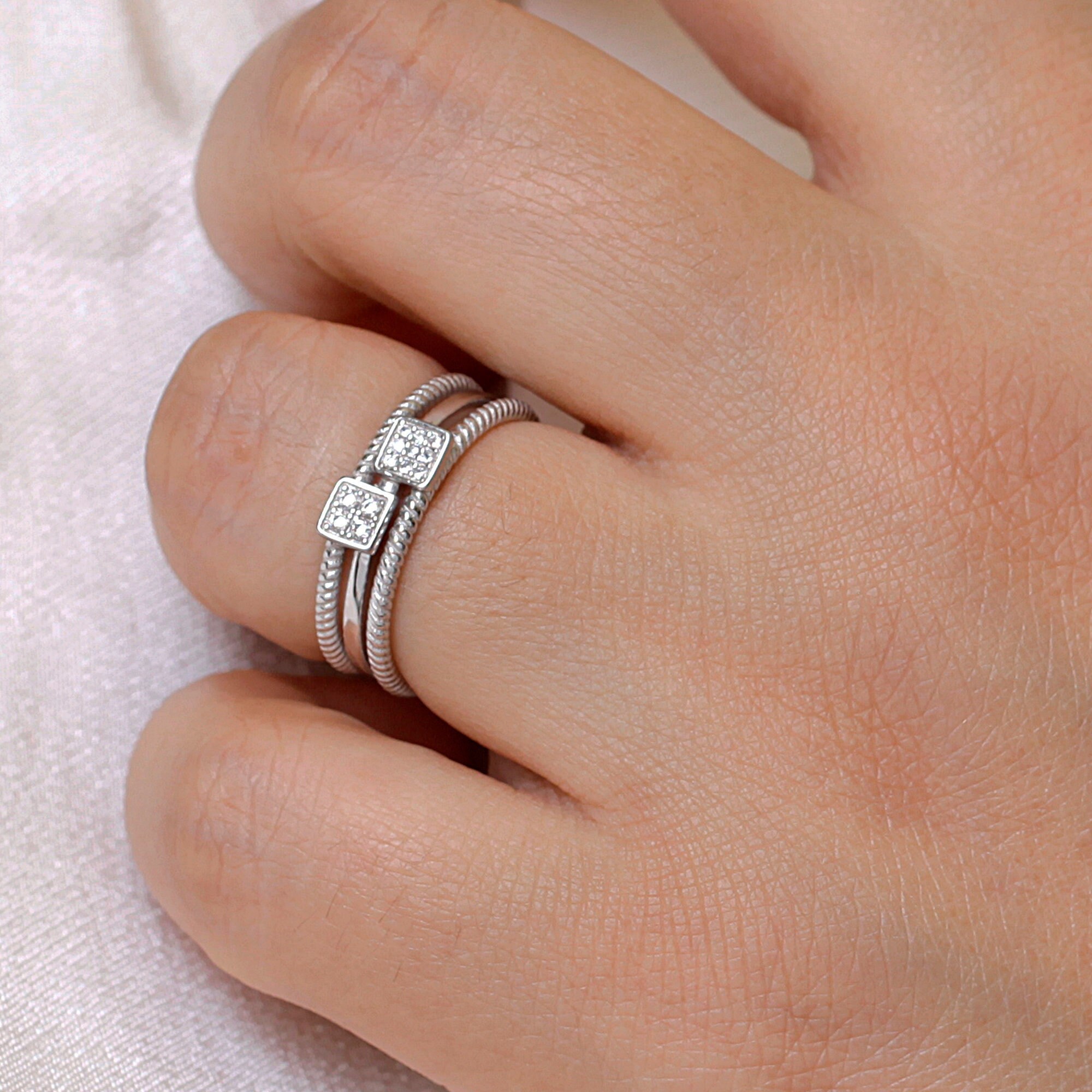 925 Sterling Silver CZ Twisted Rings, Silver Twisted Rings