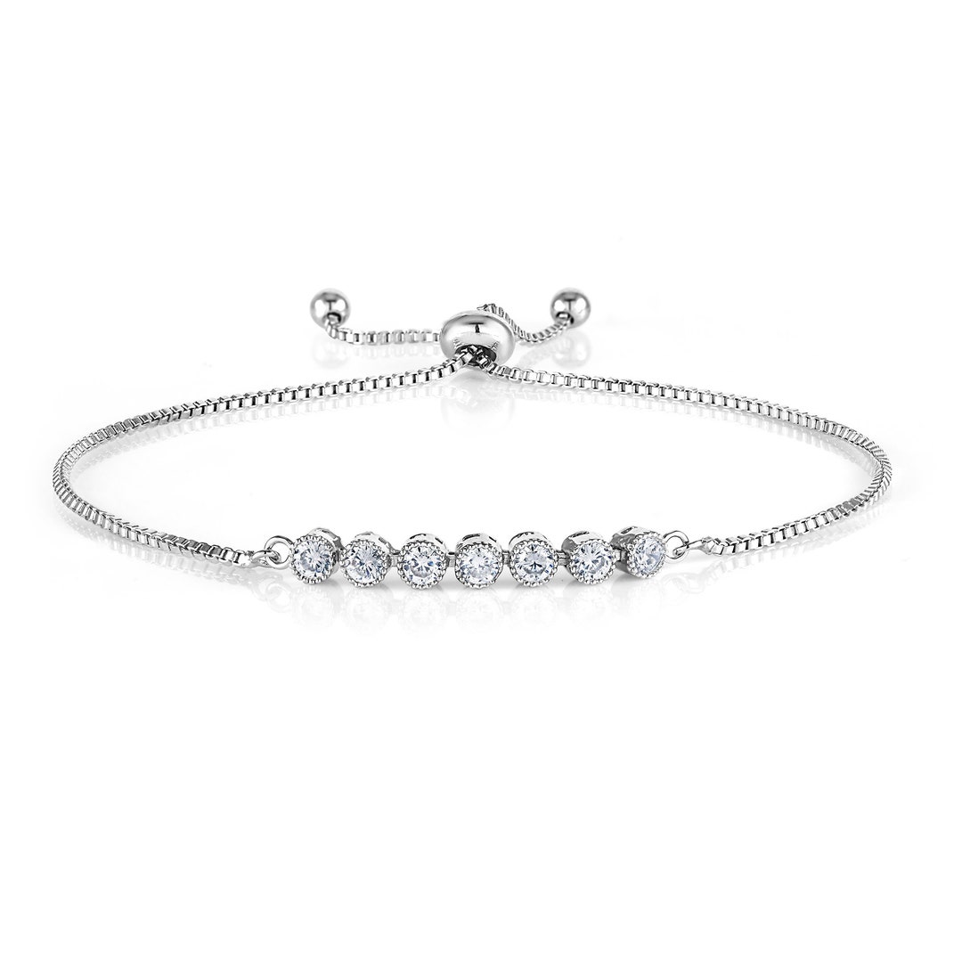 Round CZ Rhodium Plated Bezel Slider Tennis Bracelet extend Upto 9
