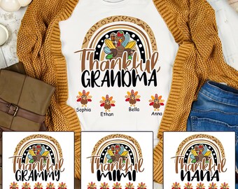 Personalized Thankful Grandma With Grandkids Thanksgiving Shirt, Grandma Leopard Rainbow Turkey, Family Thanksgiving Gift