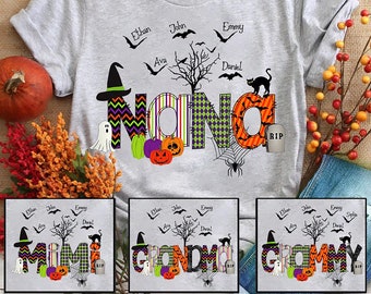 Personalisierte Oma Halloween Shirt, Halloween Doodle Alphabet Nana Oma Mimi Grandkids T-Shirt Oma Halloween Geschenk für Oma