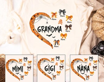 Halloween Oma Mutter Herz Bogen personalisierte Shirt, Kokette Bogen Kinder Shirt, Halloween Shirt für Oma Mimi Nana