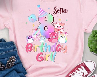 Urocza koszulka urodzinowa dla dziewczynki Squishmallow, koszulka Squish Squad, prezent na przyjęcie urodzinowe dla dzieci, spersonalizowana koszulka urodzinowa Squishmallow