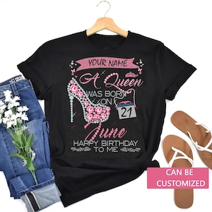 Personlig En drottning föddes i juni Grattis på födelsedagen till mig T-shirt, Anpassat namn Anpassat datum