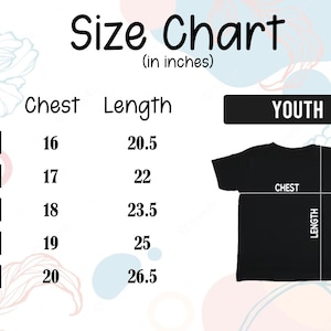 May include: Youth size chart for a t-shirt, showing measurements in inches for chest and length. Sizes include XS, S, M, L, and XL.