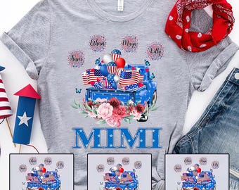 Personalisiertes Mimi-Shirt, Mimi-Großmutter amerikanische Flaggen-Truck, Unabhängigkeitstag 4. Juli Feuerwerk Kundenspezifische Enkelnamen