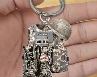 Personalized Military Uniform Keychain, Boot And Hat American Veteran Keychain, Military Uniform Veteran Gifts Not 3D Product