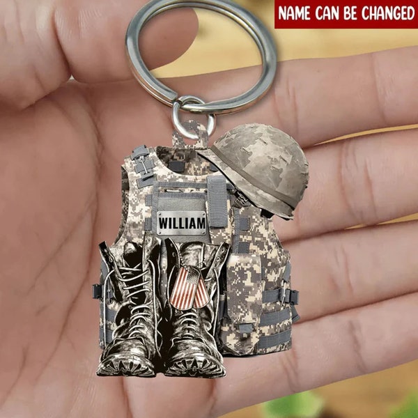 Gepersonaliseerde militair uniform sleutelhanger, laars en hoed Amerikaanse veteraan sleutelhanger, militair uniform veteraan geschenken niet 3D-product